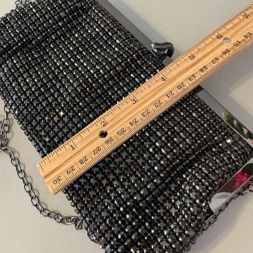 NEW Natasha Crystal Evening Purse Clutch Black Convertible Prong Set Stones